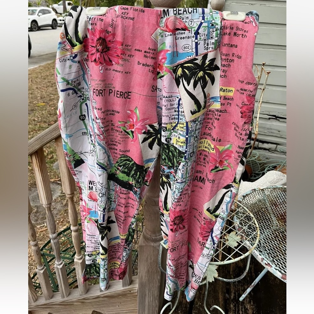 Lynn Ritchie Florida Map Pants Sz XL Elastic Waist Silk Cotton Pink Black Womens